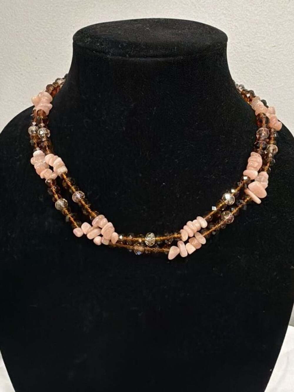 Vintage Multi-Strand Pink Stone and Brown Faceted Crystal Beaded Necklace